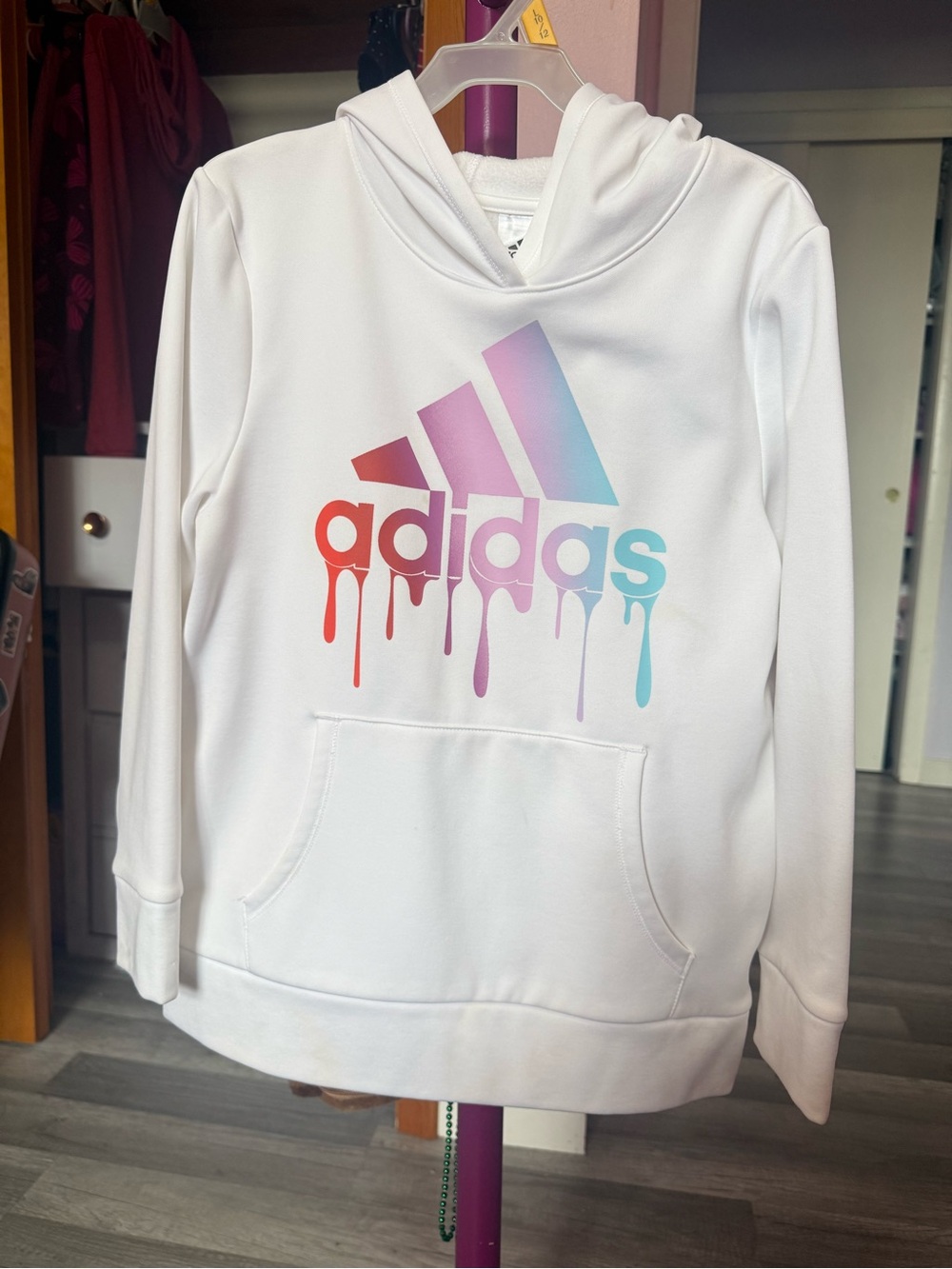 adidas White Hoodie with Pastel Rainbow Drip Logo